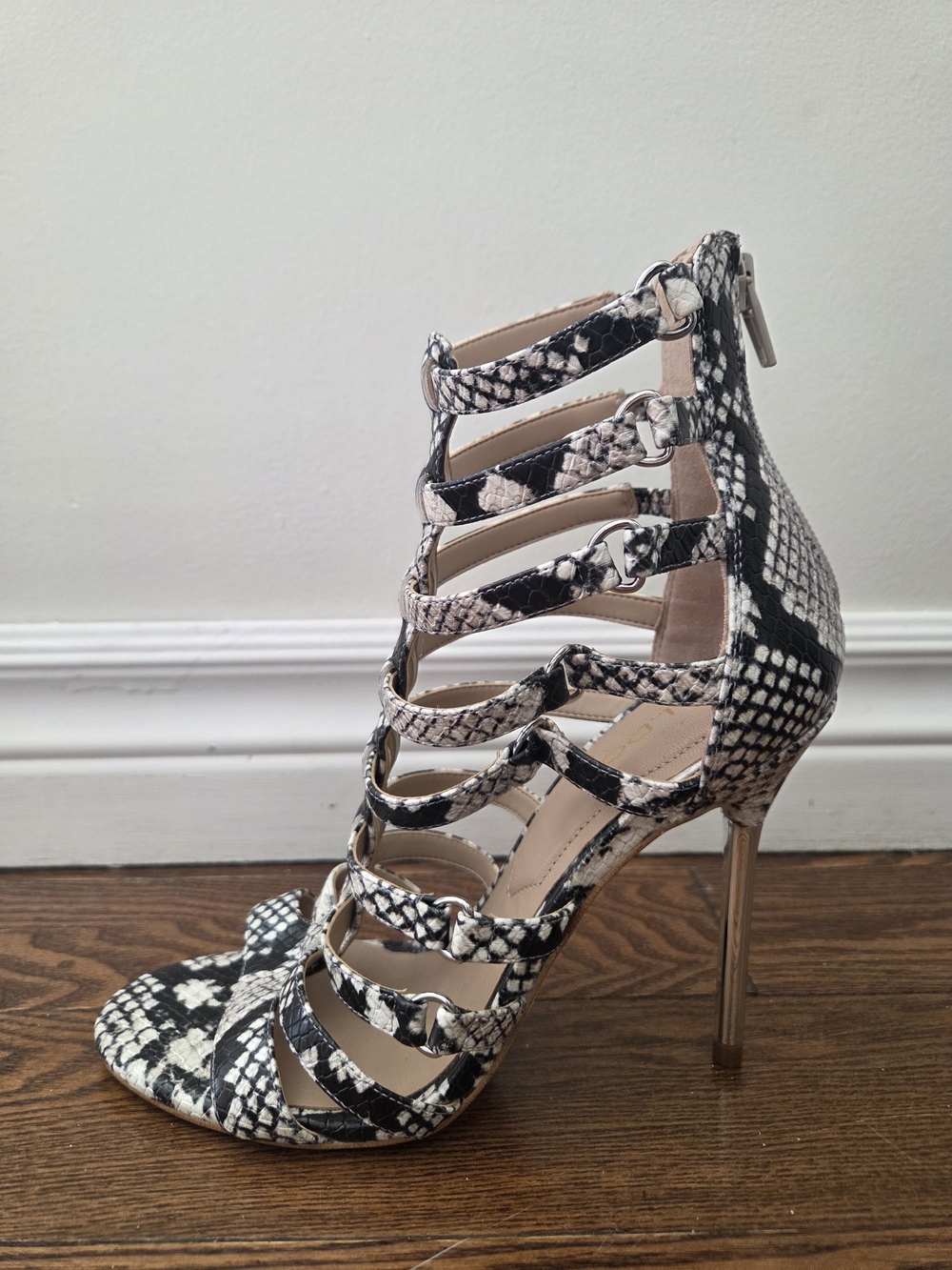 ALDO Snake-Print Strappy High Heel Sandals in Black/White Size 7